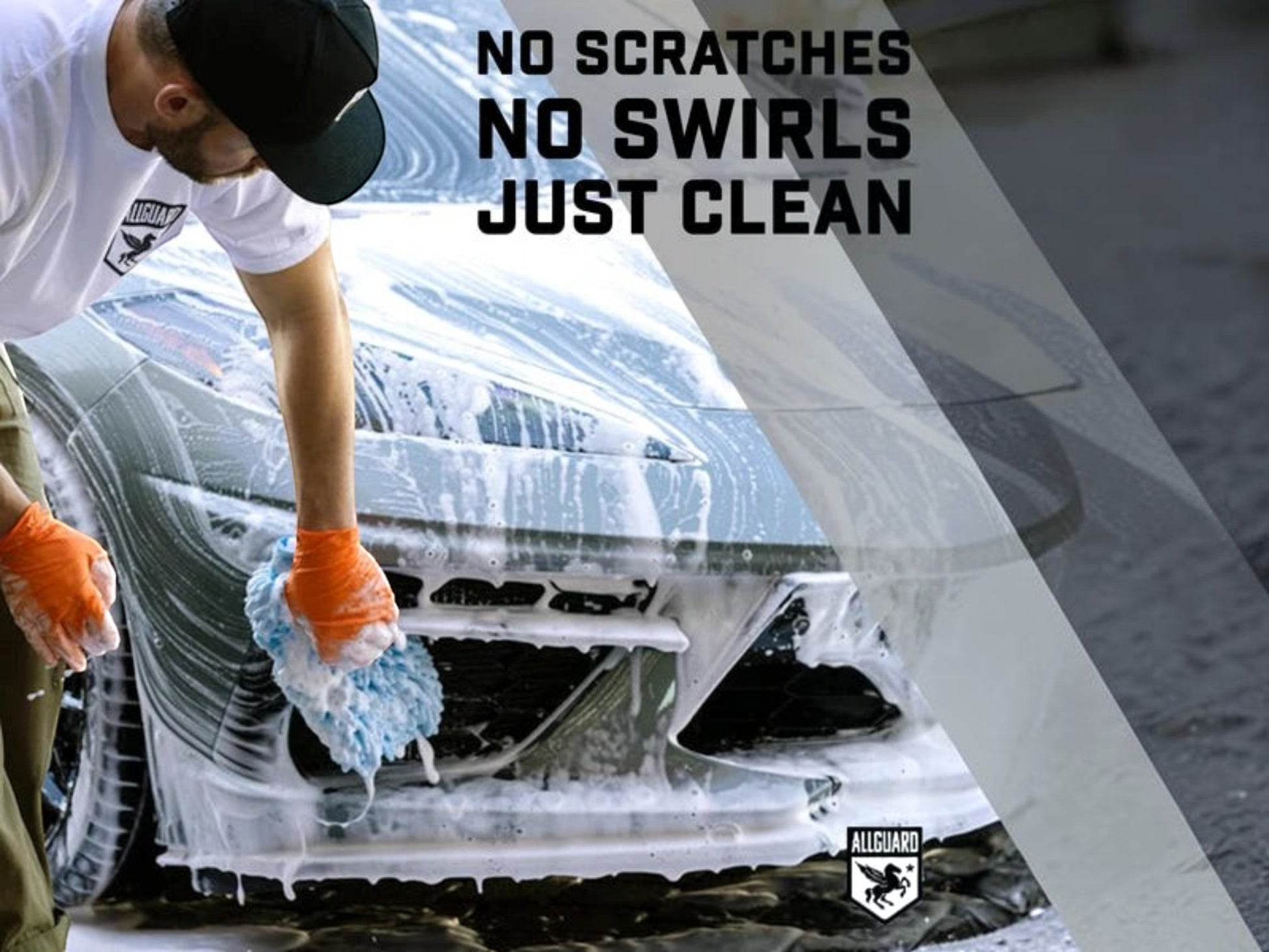 T-Top Vibes AllGuard VLUX microfiber car wash mitt cleaning a soapy vehicle bumper with orange gloves