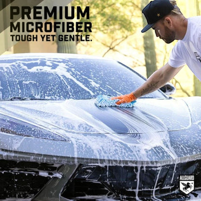 T-Top Vibes AllGuard VLUX microfiber wash mitt cleaning a soapy car hood with a man wearing an orange glove