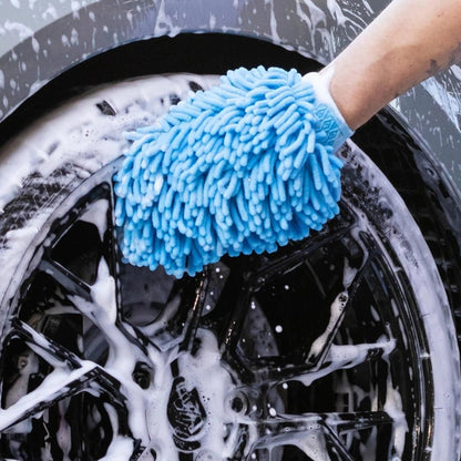 T-Top Vibes blue microfiber wash mitt cleaning a soapy car wheel with AllGuard detailing kit accessories