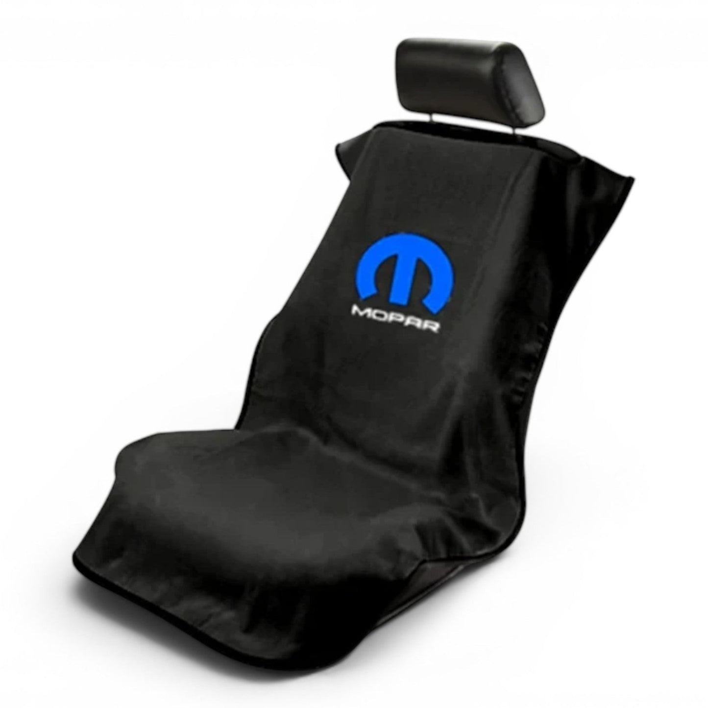 T-Top Vibes Mopar black cotton terry velour car seat cover towel with blue logo, universal fit for vehicle seats.
