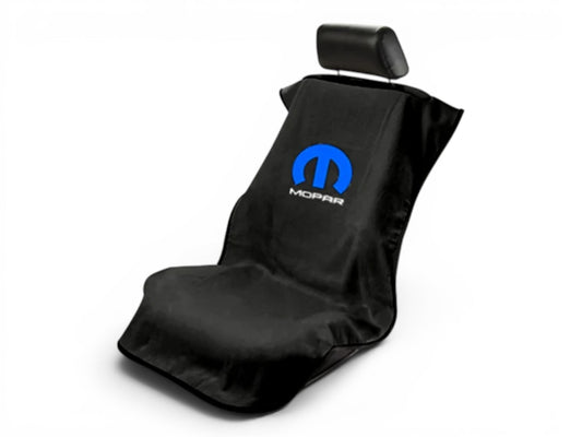 T-Top Vibes black cotton terry velour Mopar towel seat cover with blue logo, designed for universal vehicle fit.