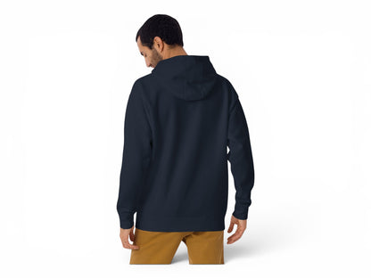 T-Top Vibes navy blue unisex cotton hoodie viewed from the back on a male model