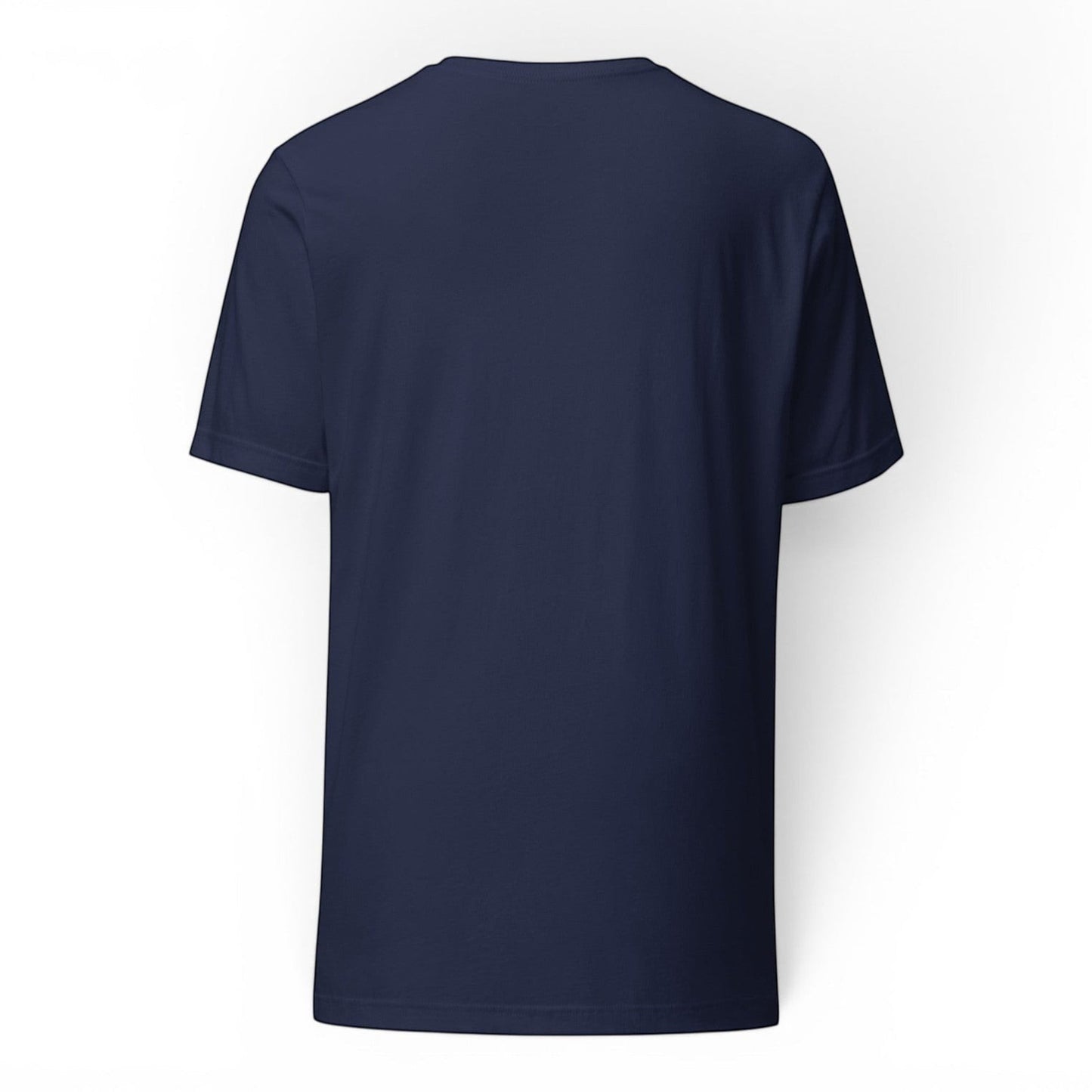 T-Top Vibes navy blue premium cotton t-shirt, back view of a soft lightweight crew neck shirt