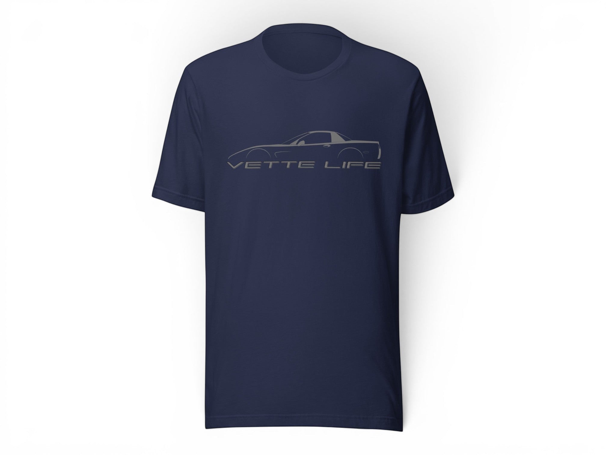 T-Top Vibes navy blue cotton t-shirt featuring a grey Corvette C5 silhouette and Vette Life text graphic