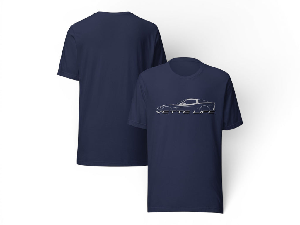 T-Top Vibes navy blue cotton t-shirt featuring a white Corvette C6 silhouette and Vette Life text on the front.