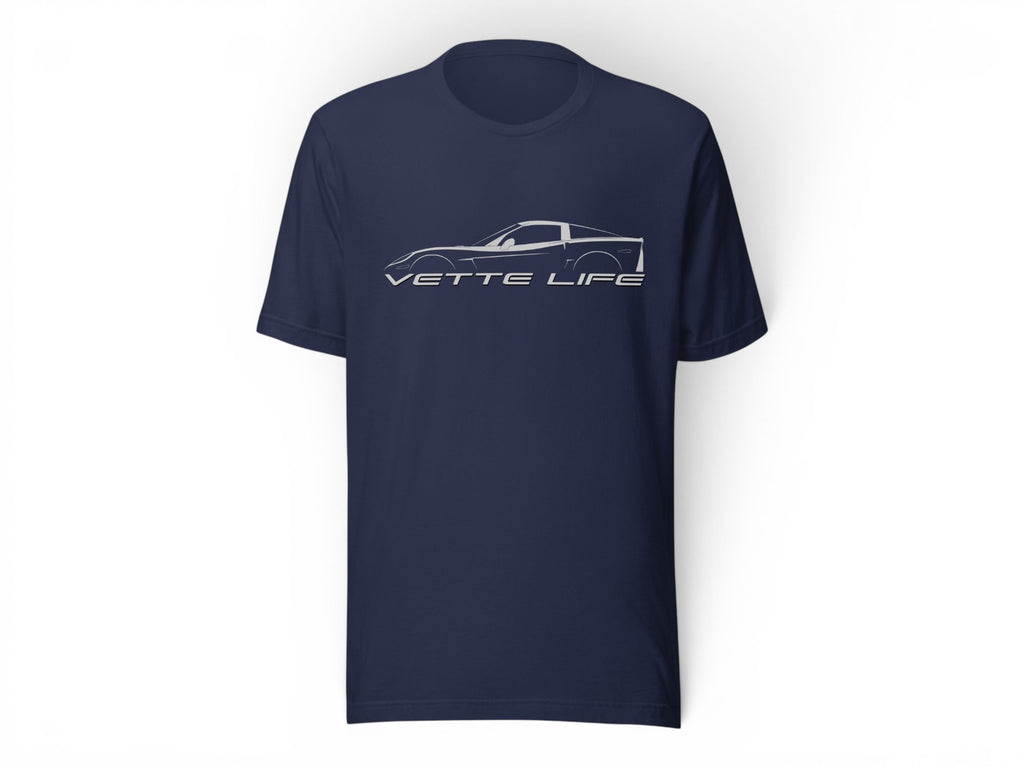 T-Top Vibes navy blue cotton t-shirt featuring a white outline graphic of a Corvette C6 and Vette Life text.