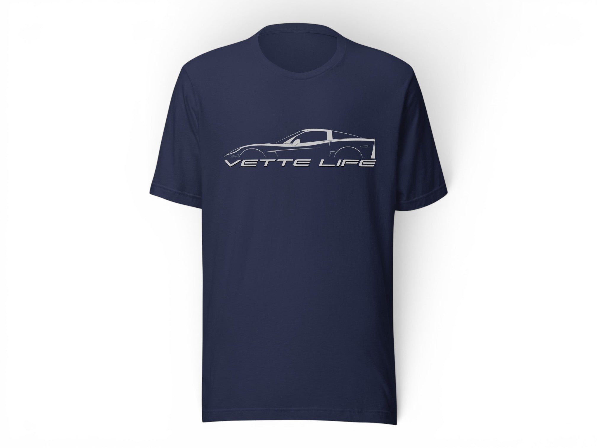 T-Top Vibes navy blue cotton t-shirt featuring a white line art graphic of a Corvette C6 and Vette Life text.