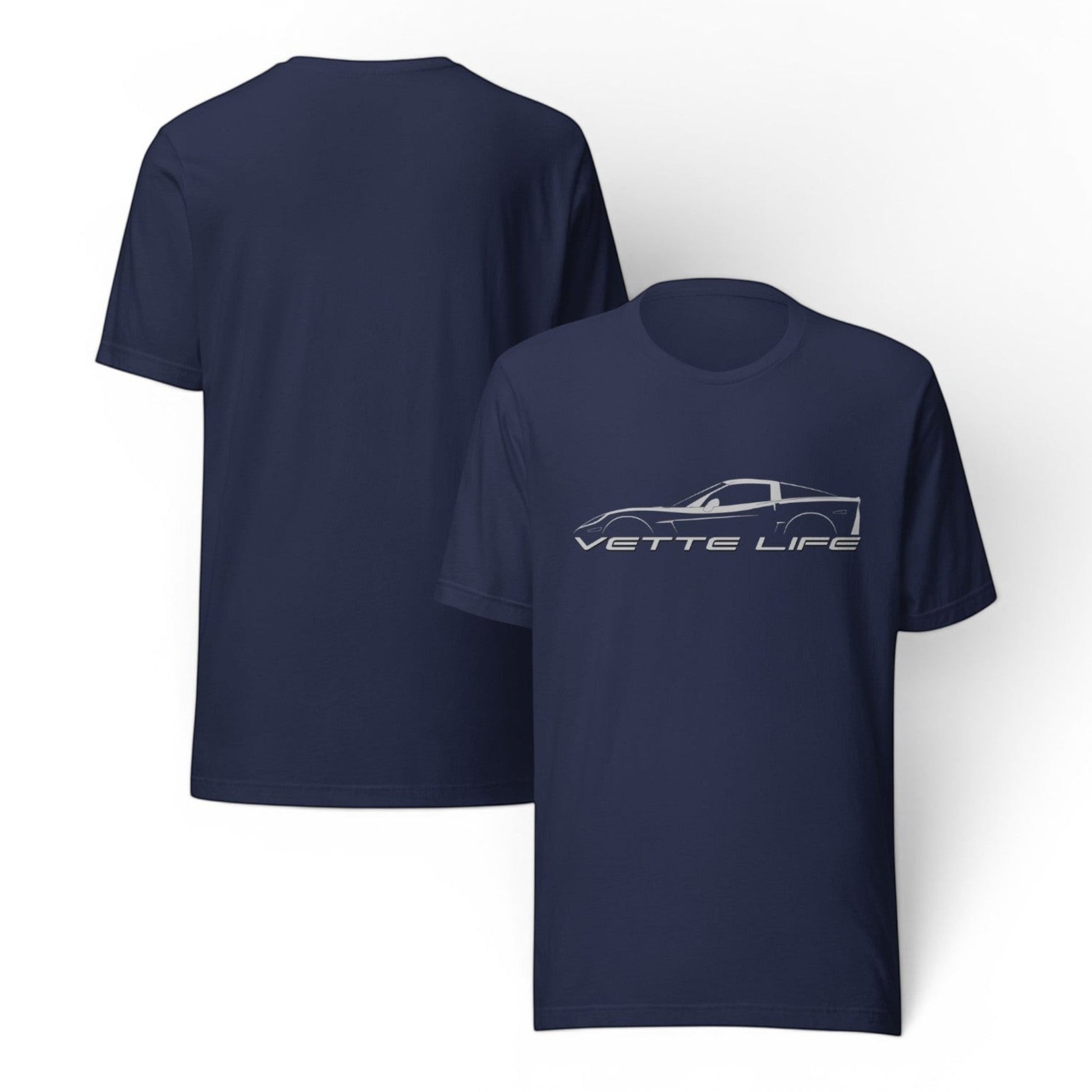 T-Top Vibes navy blue cotton t-shirt featuring a white Corvette C6 silhouette and Vette Life text on the front.