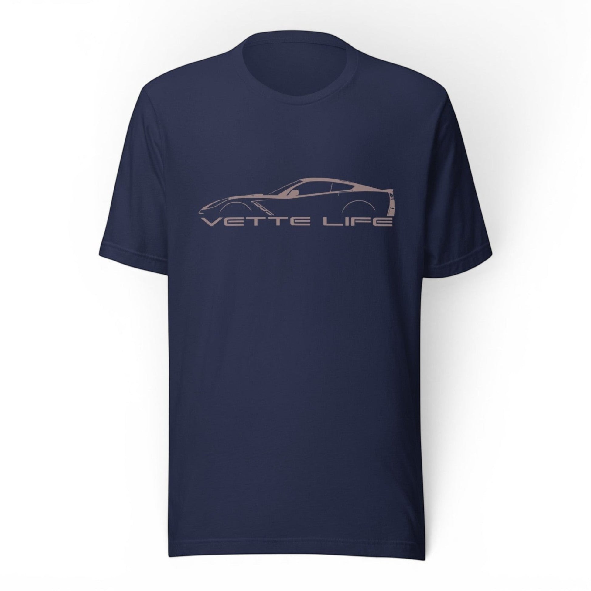 T-Top Vibes navy blue cotton t-shirt featuring a white Corvette C7 silhouette and Vette Life text graphic