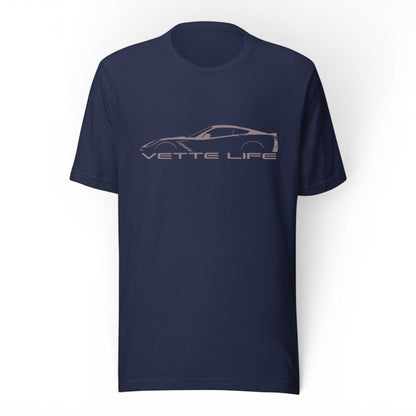 T-Top Vibes navy blue cotton t-shirt featuring a white Corvette C7 silhouette and Vette Life text graphic