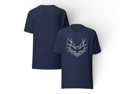 T-Top Vibes navy blue cotton graphic tee featuring a silver-gray Pontiac Firebird logo on the front