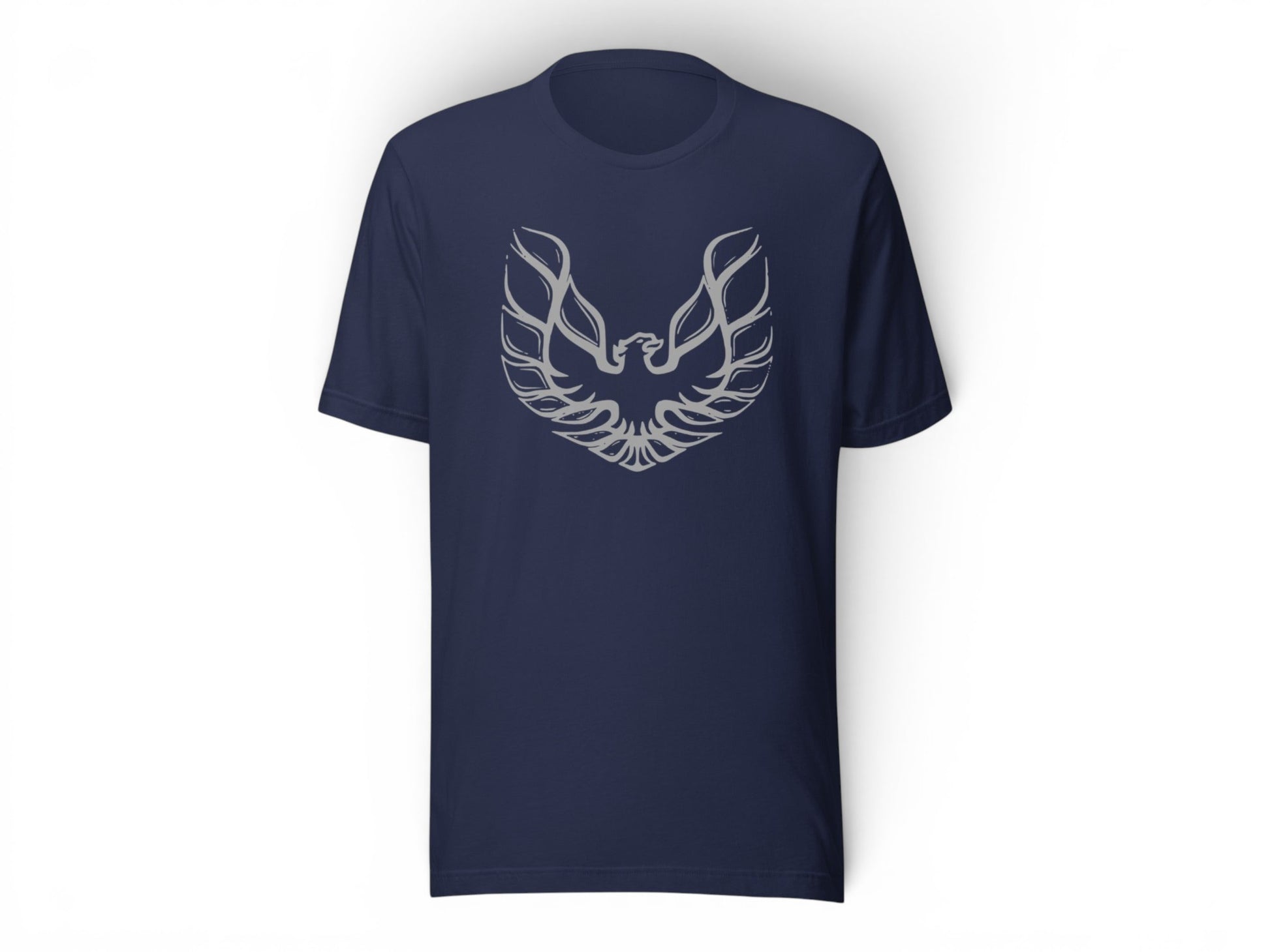 T-Top Vibes navy blue cotton graphic t-shirt featuring a silver-gray Pontiac Firebird Trans Am logo on the chest.