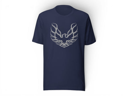 T-Top Vibes navy blue cotton graphic t-shirt featuring a silver-gray Pontiac Firebird Trans Am logo on the chest.
