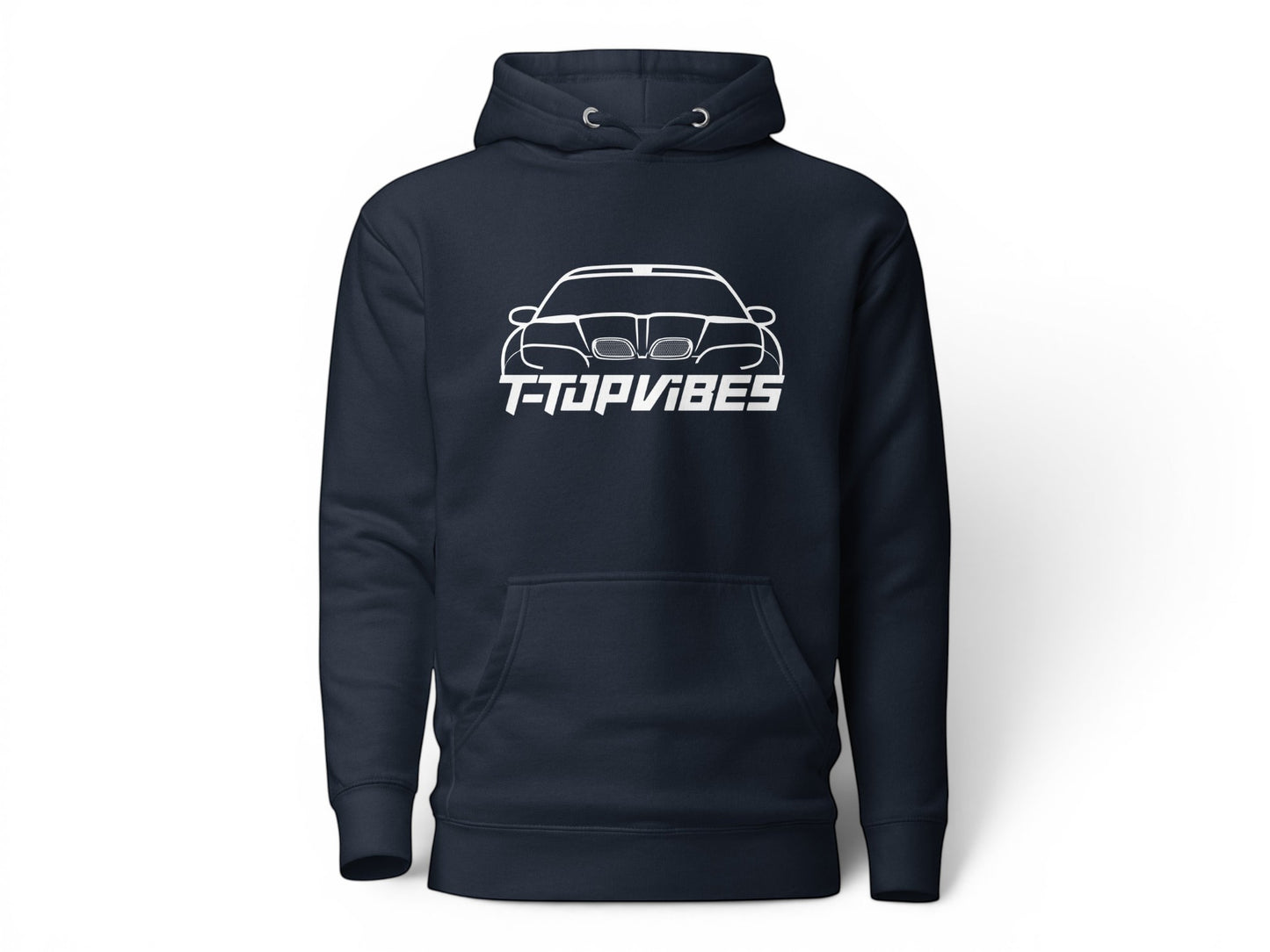 T-Top Vibes navy blue unisex hoodie featuring a white Pontiac Trans Am WS6 graphic and front pouch pocket.