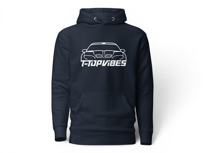 T-Top Vibes navy blue unisex hoodie featuring a white Pontiac Trans Am WS6 graphic and front pouch pocket.