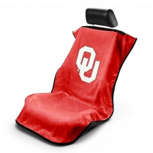 T-Top Vibes Oklahoma Sooners red cotton terry velour car seat cover towel with white OU logo for universal vehicle fit