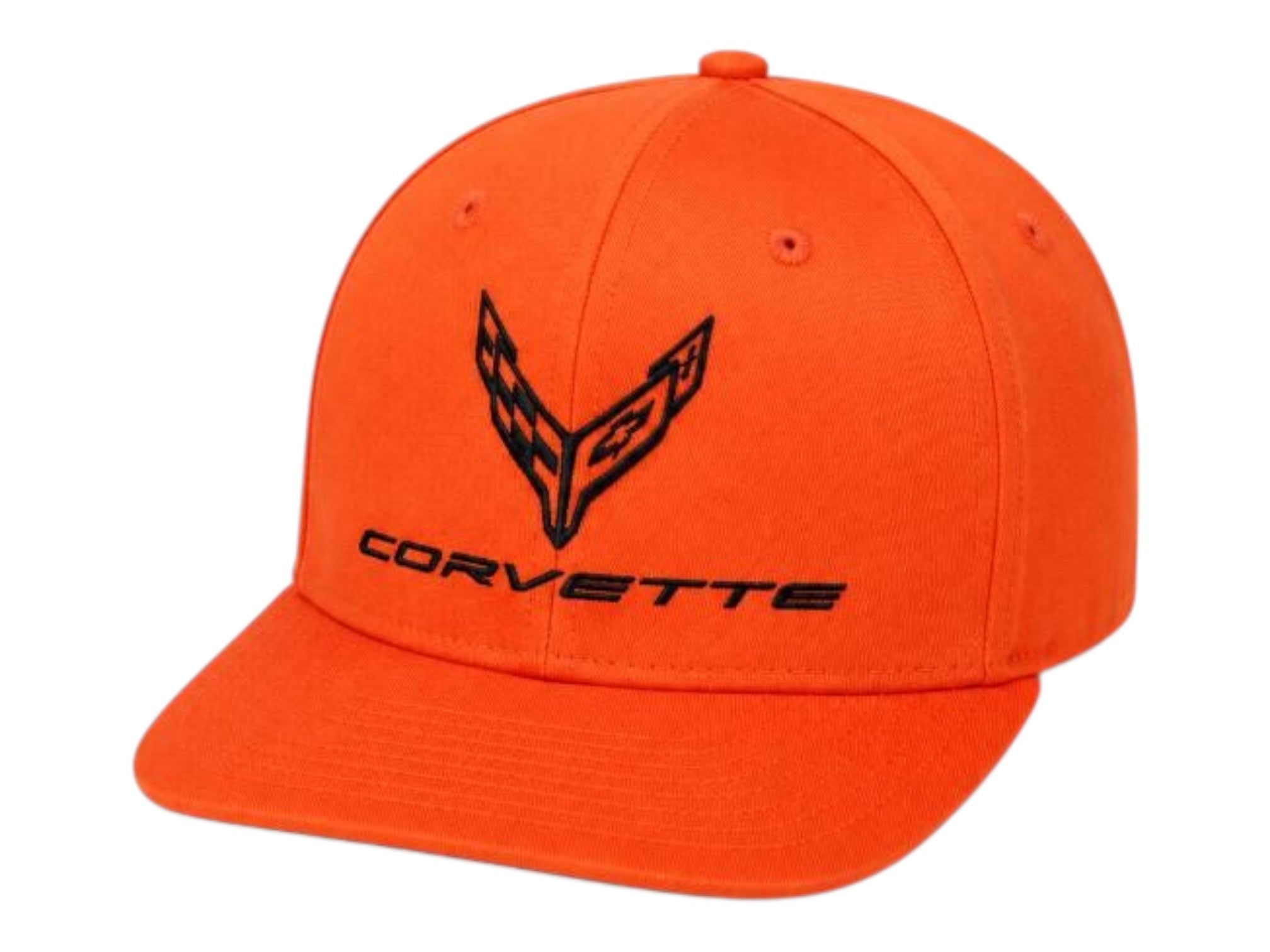 T-Top Vibes orange C8 Corvette snapback cap with a black tonal flag logo and structured 6-panel design.