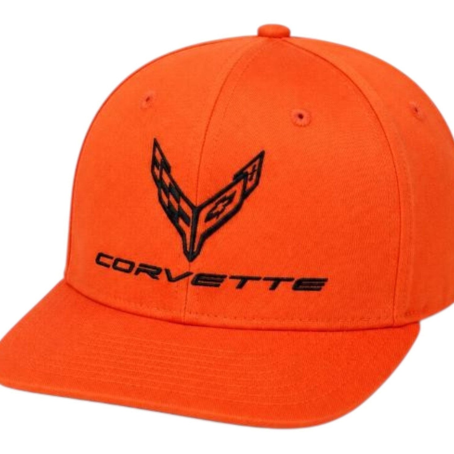 T-Top Vibes orange C8 Corvette snapback cap with a black tonal flag logo and structured 6-panel design.