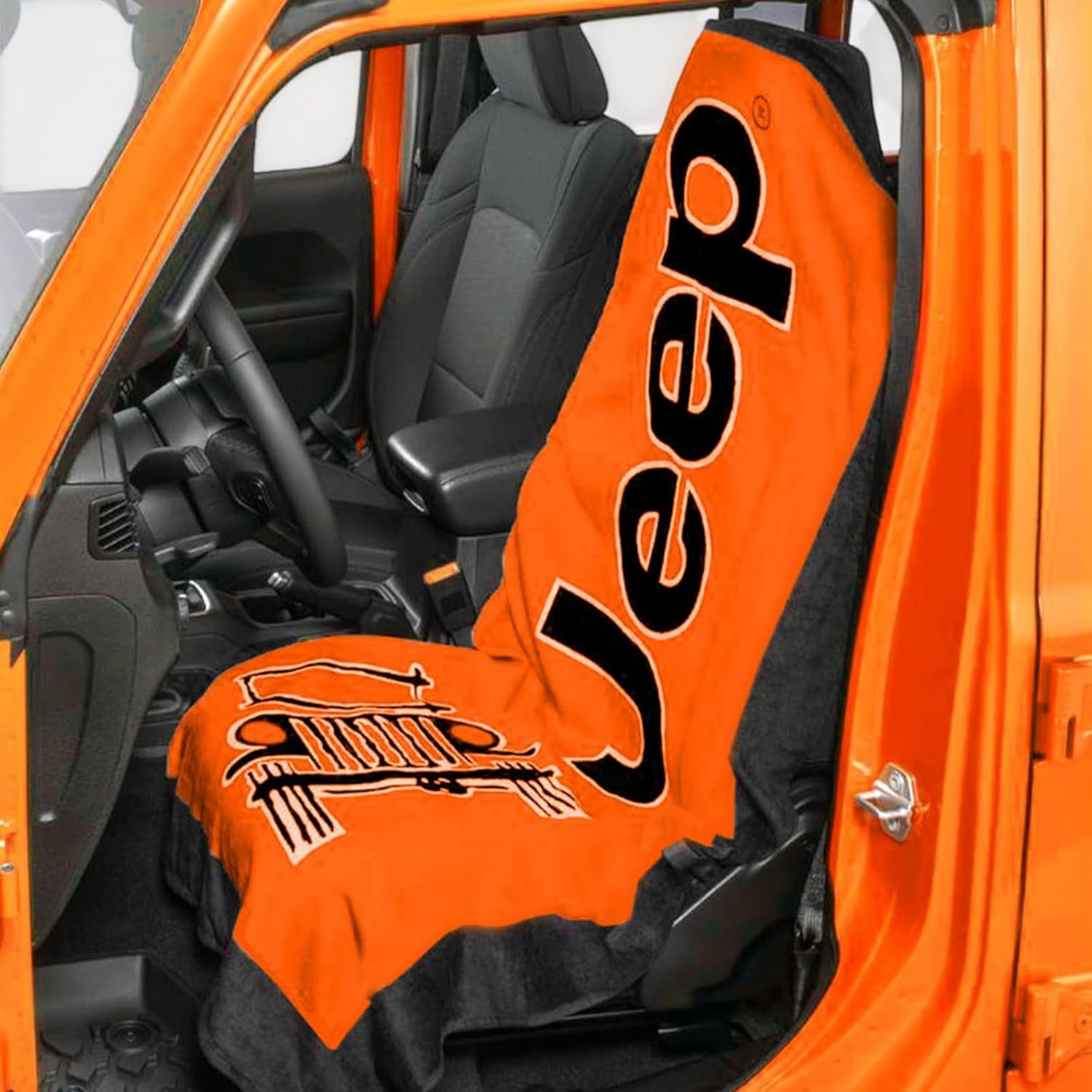 T-Top Vibes orange Jeep cotton terry velour car seat cover towel with Jeep logo and grille graphic in a vehicle