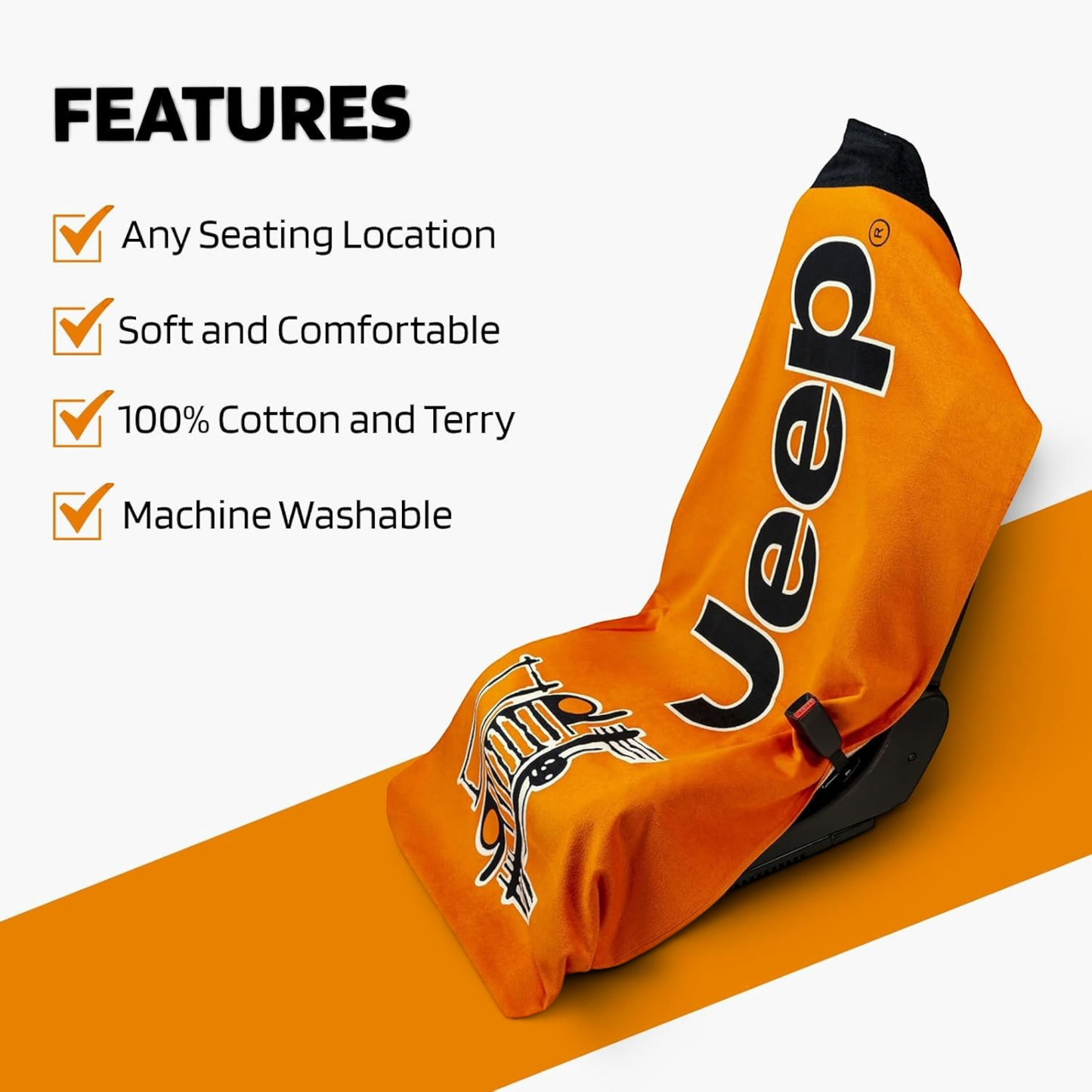 T-Top Vibes orange Jeep cotton terry seat cover towel draped over a car seat with feature list text overlay