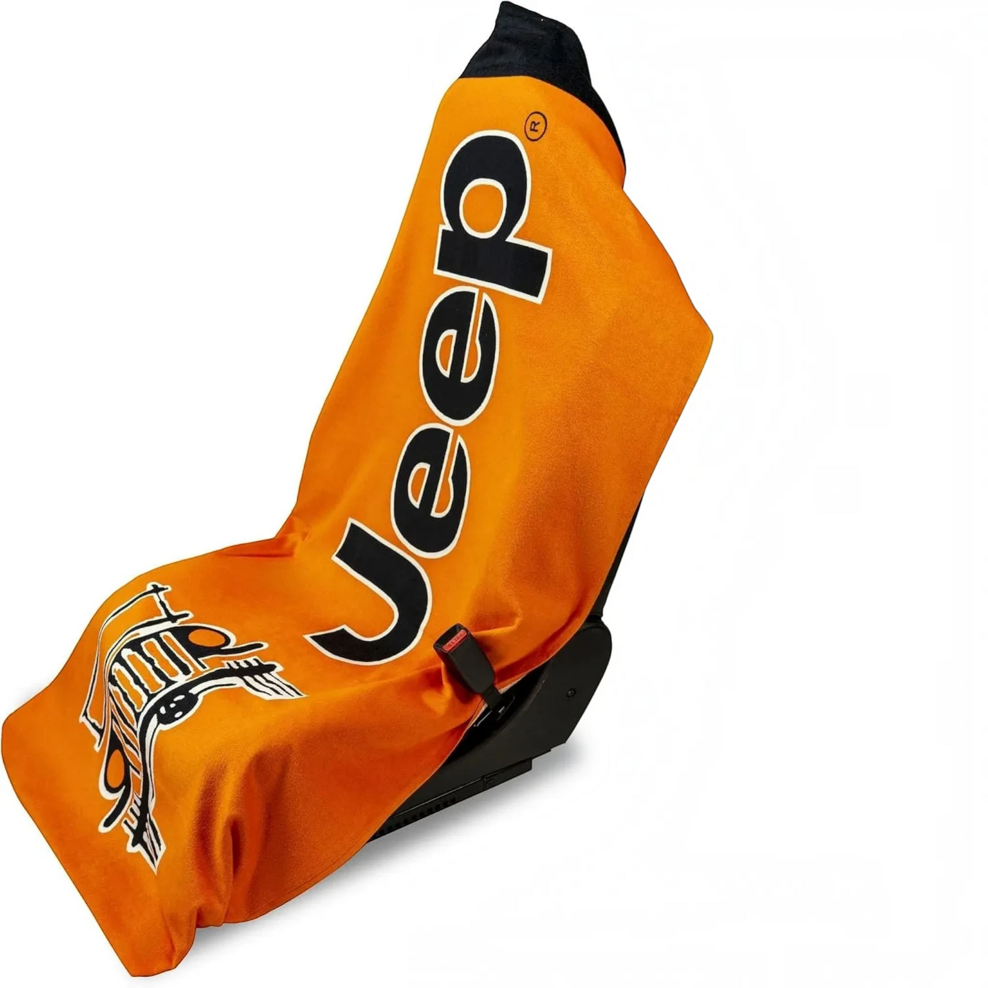 T-Top Vibes orange Jeep car seat cover towel made of soft cotton terry velour with Jeep logo and grille graphic