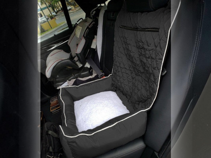 T-Top Vibes universal pet bed and car seat cover in black quilted cotton with a white plush cushion in a vehicle