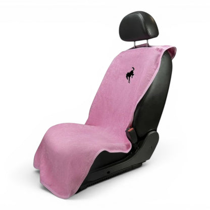 T-Top Vibes pink Ford Bronco car seat cover towel made of soft cotton terry velour with a black bucking horse logo.