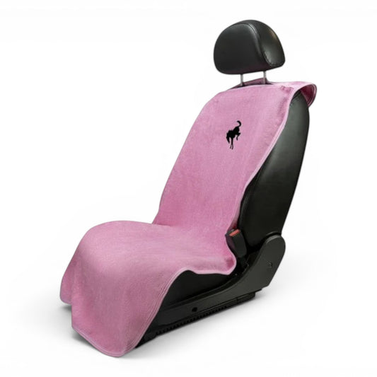 T-Top Vibes pink Ford Bronco car seat cover towel made of soft cotton terry velour with a black bucking horse logo.