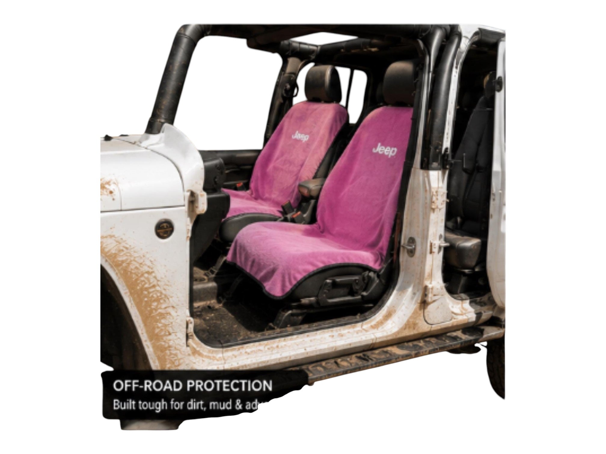 T-Top Vibes pink Jeep cotton terry velour seat cover towels installed on bucket seats of a white off-road Jeep