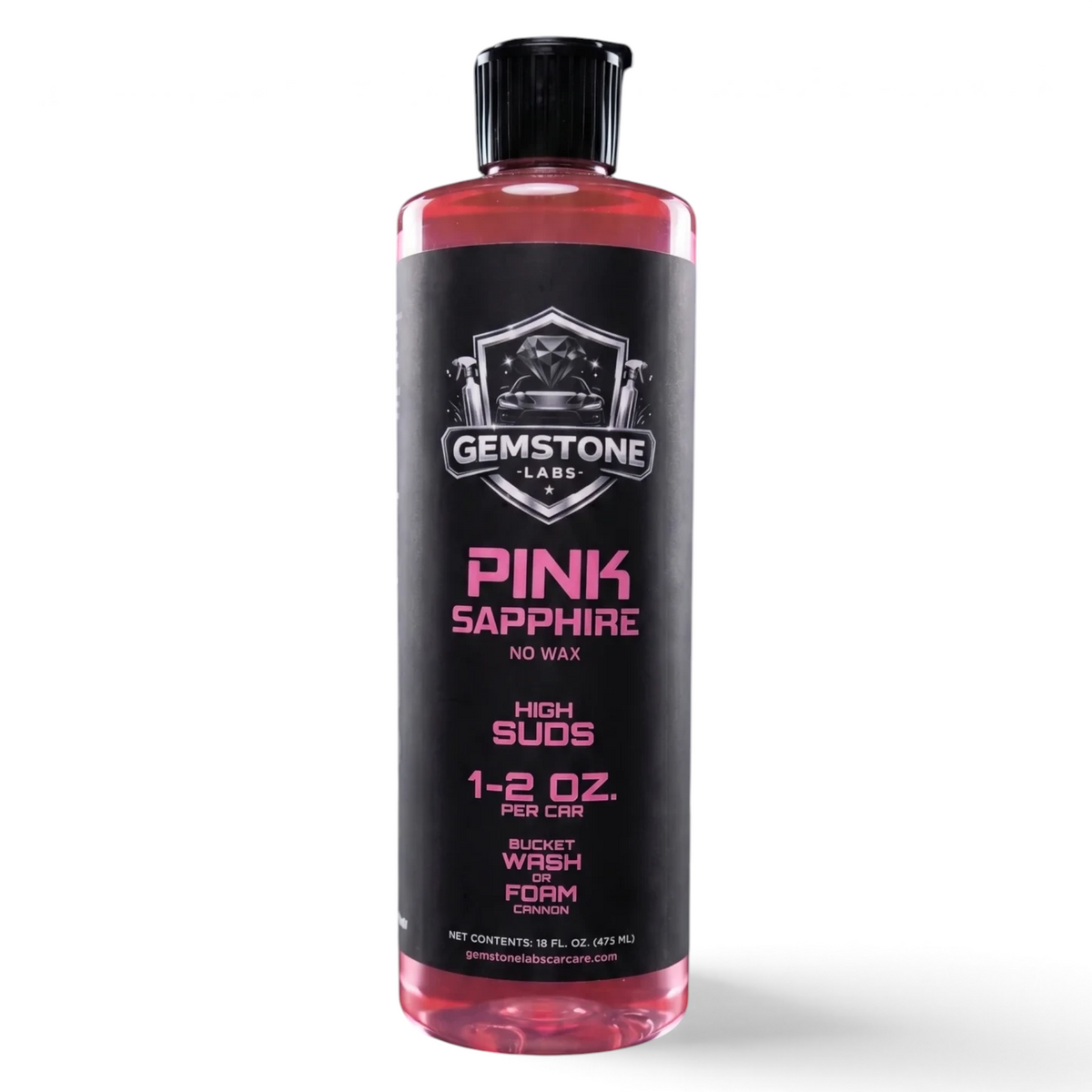 T-Top Vibes Gemstone Labs Pink Sapphire high-foam car wash soap in a clear bottle with black label