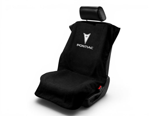 T-Top Vibes black cotton terry velour Pontiac car seat cover towel with embroidered logo on a vehicle seat