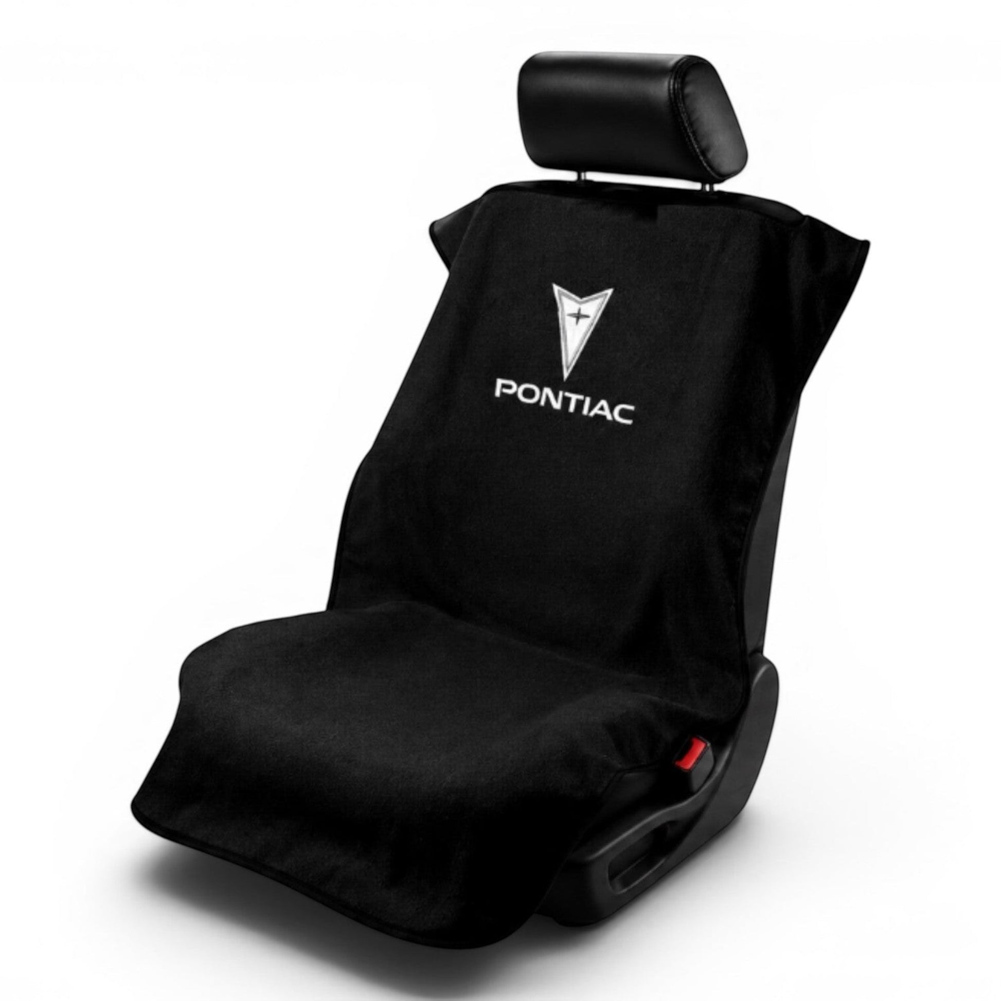 T-Top Vibes Pontiac black cotton terry velour car seat cover towel with white logo, universal fit for vehicle seats.