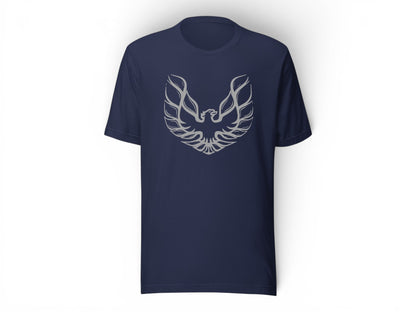 T-Top Vibes navy blue cotton t-shirt featuring a silver-gray Pontiac Firebird graphic on the chest.