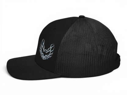 T-Top Vibes black Richardson 112 trucker hat featuring a silver embroidered Pontiac Firebird logo on the front.