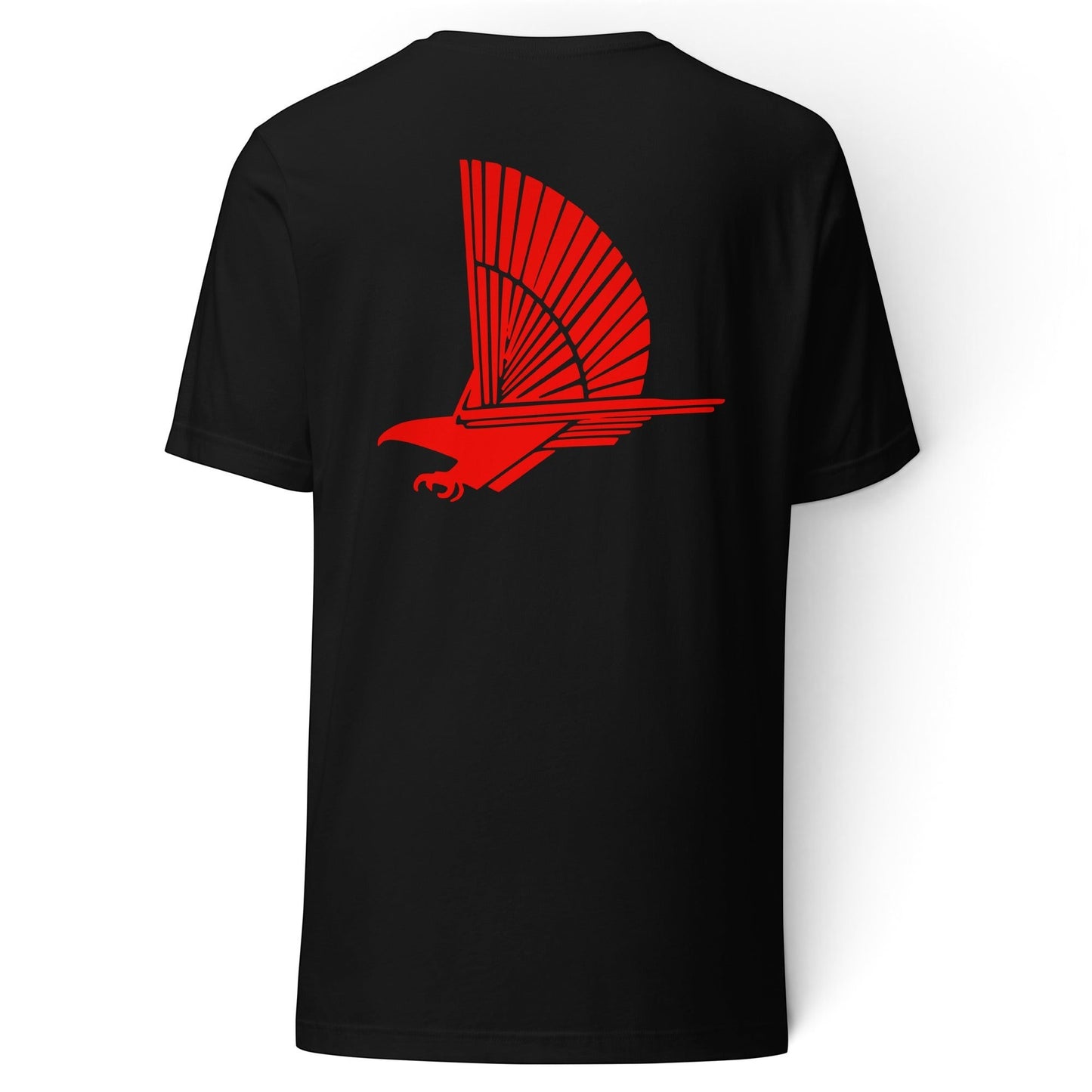T-Top Vibes black t-shirt featuring a bold red Pontiac Trans Am Firehawk bird graphic on the back