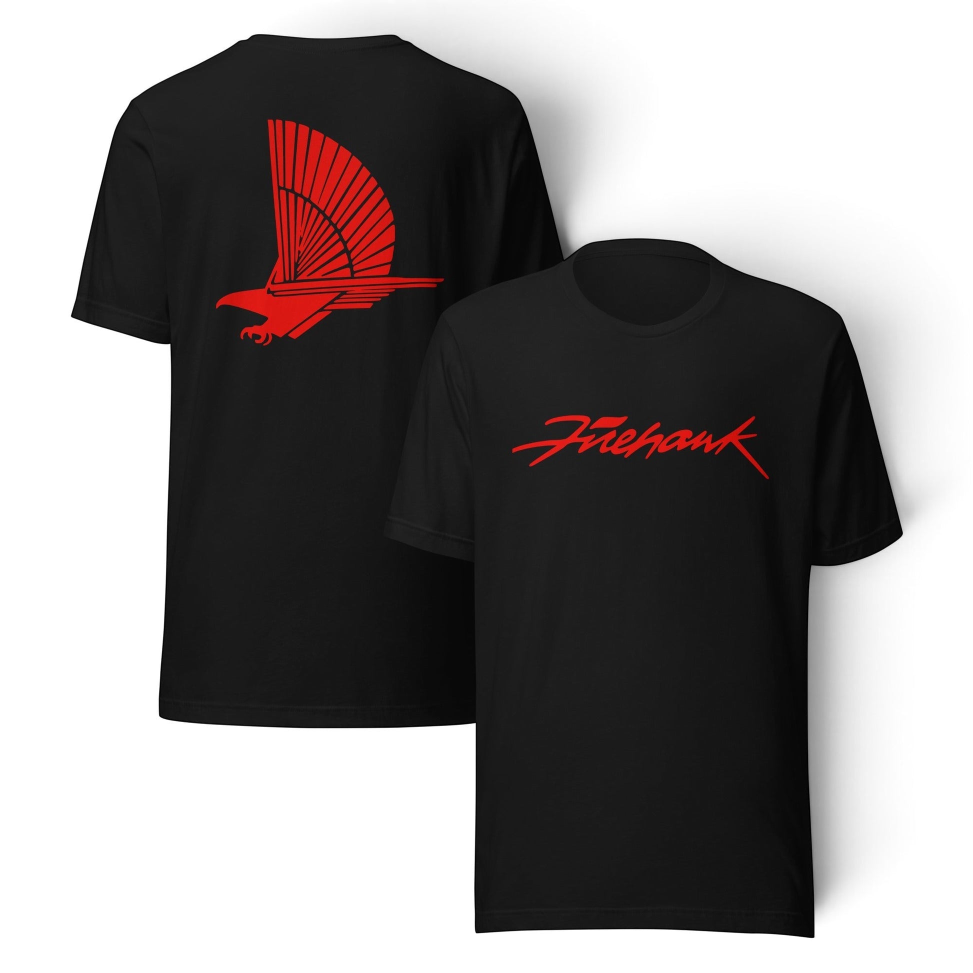T-Top Vibes black T-shirt featuring a red Firehawk logo on the chest and a large red bird graphic on the back.