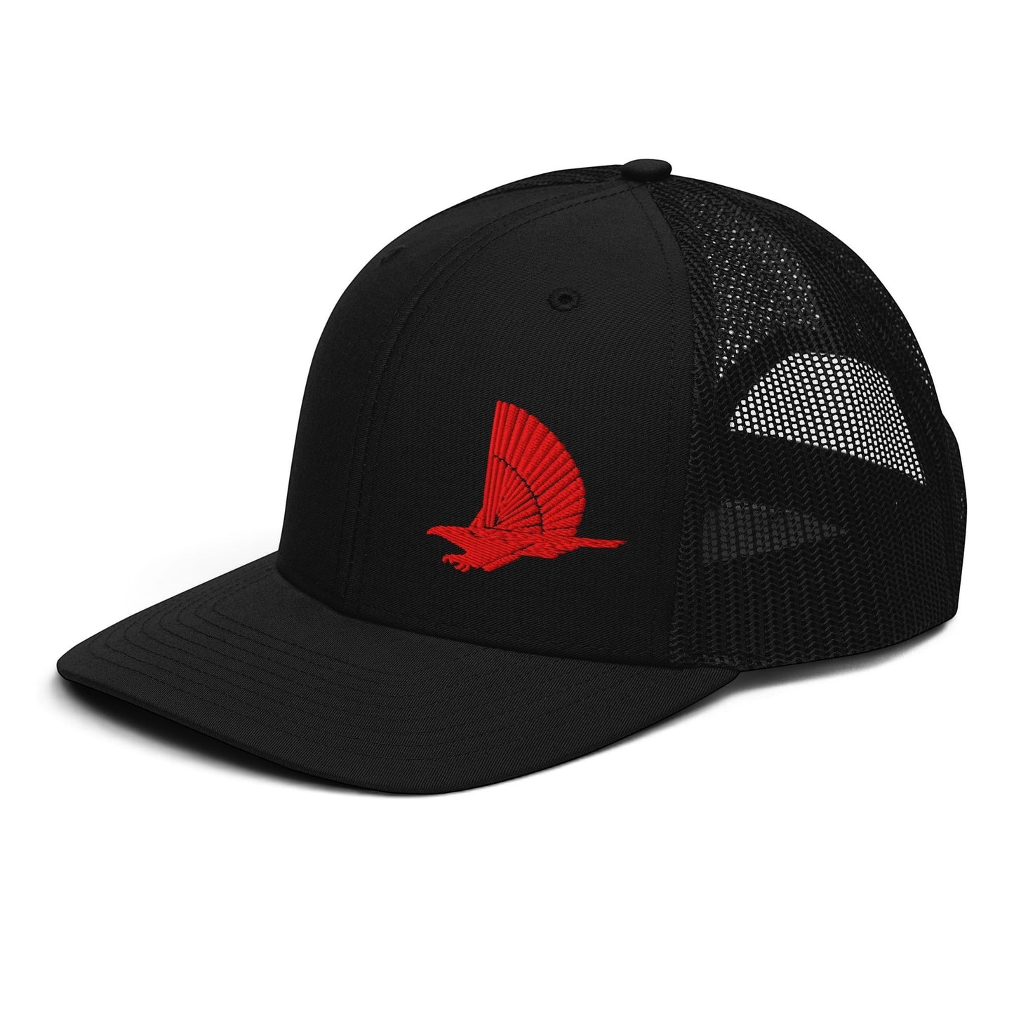 T-Top Vibes Pontiac Trans Am Firehawk black trucker hat with red embroidered bird logo and mesh back