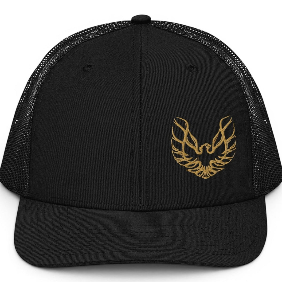 T-Top Vibes black trucker hat featuring an embroidered gold Pontiac Trans Am phoenix logo on the front panel.
