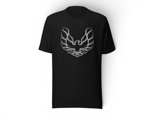 T-Top Vibes black cotton t-shirt featuring a silver-gray Pontiac Trans Am Firebird graphic on the chest.