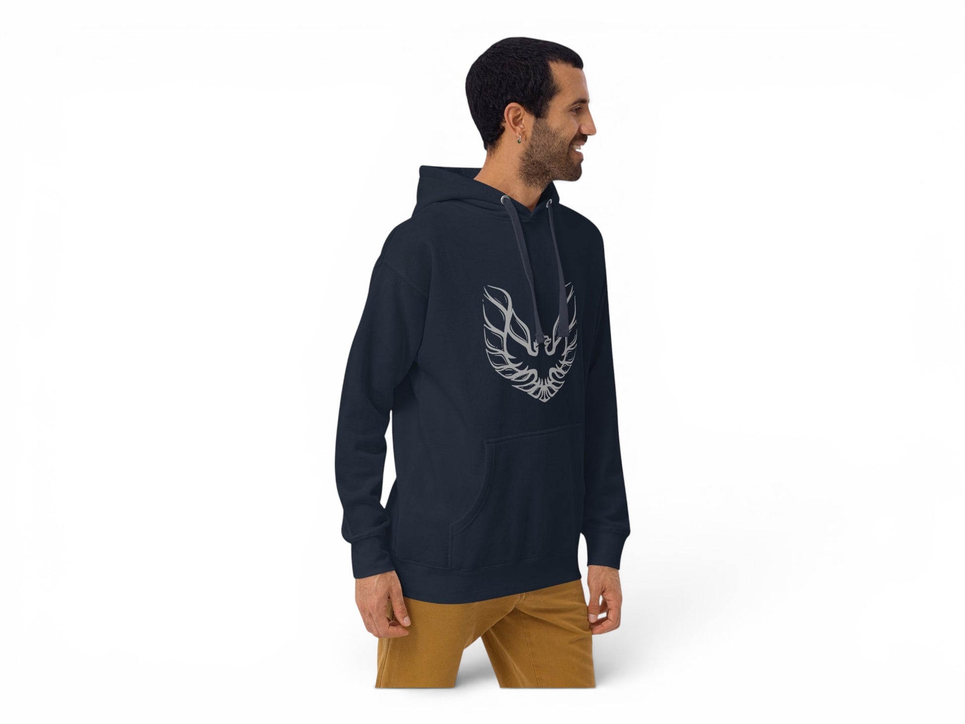 T-Top Vibes navy blue Pontiac Trans Am hoodie with a grey phoenix graphic, worn by a man in profile view.