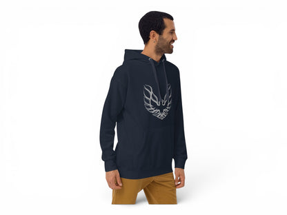 T-Top Vibes navy blue Pontiac Trans Am hoodie with a grey phoenix graphic, worn by a man in profile view.