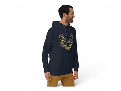 T-Top Vibes Pontiac Trans Am navy blue cotton-blend hoodie with gold eagle graphic worn by a man in profile