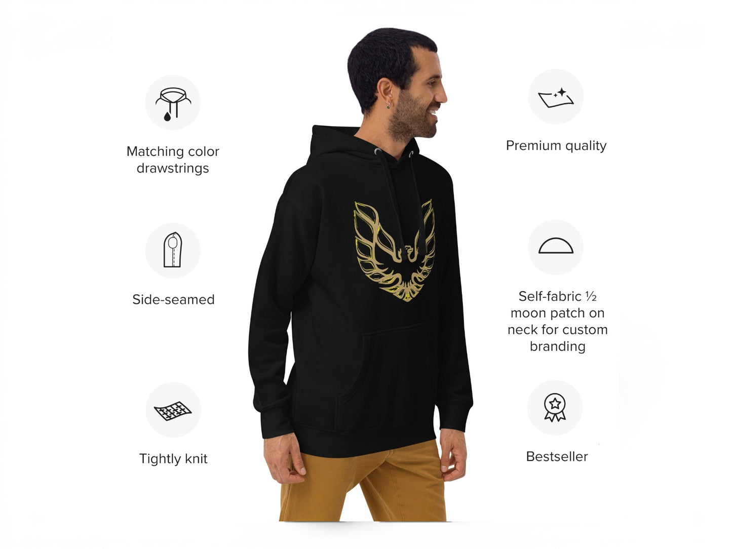 T-Top Vibes black Pontiac Trans Am hoodie with gold eagle graphic worn by a man in profile view