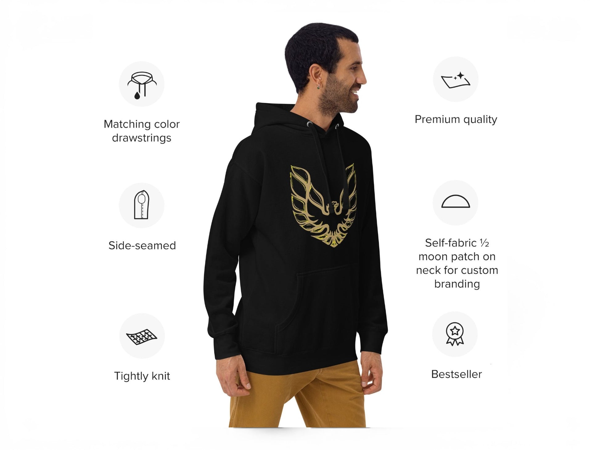 T-Top Vibes black Pontiac Trans Am hoodie with gold eagle graphic worn by a man in profile view