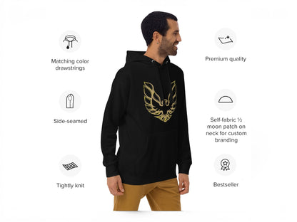 T-Top Vibes black Pontiac Trans Am hoodie with gold eagle graphic worn by a man in profile view