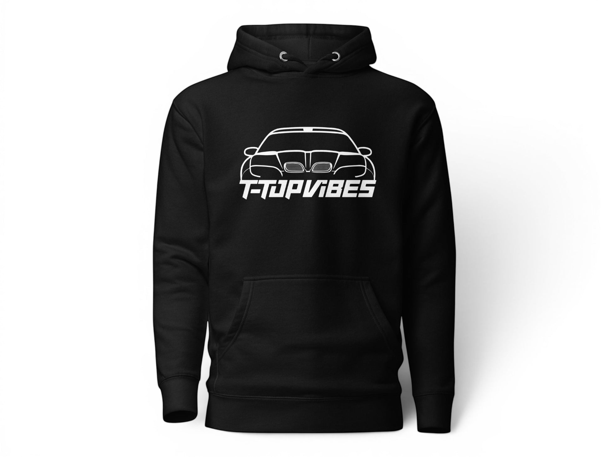 T-Top Vibes black unisex hoodie featuring a white Pontiac Trans Am WS6 car outline graphic and brand logo.