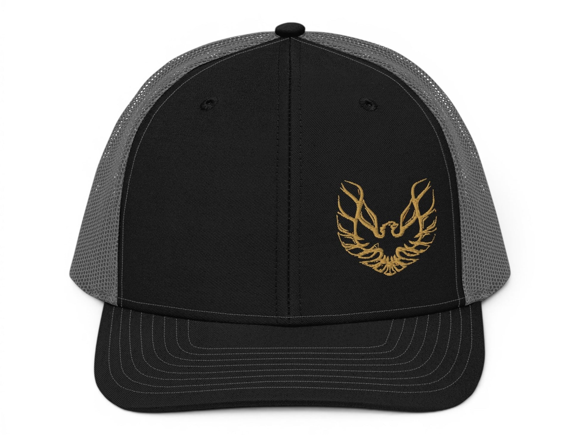 T-Top Vibes Pontiac Trans Am hat in black and grey with gold embroidered phoenix logo on a six-panel mesh cap.