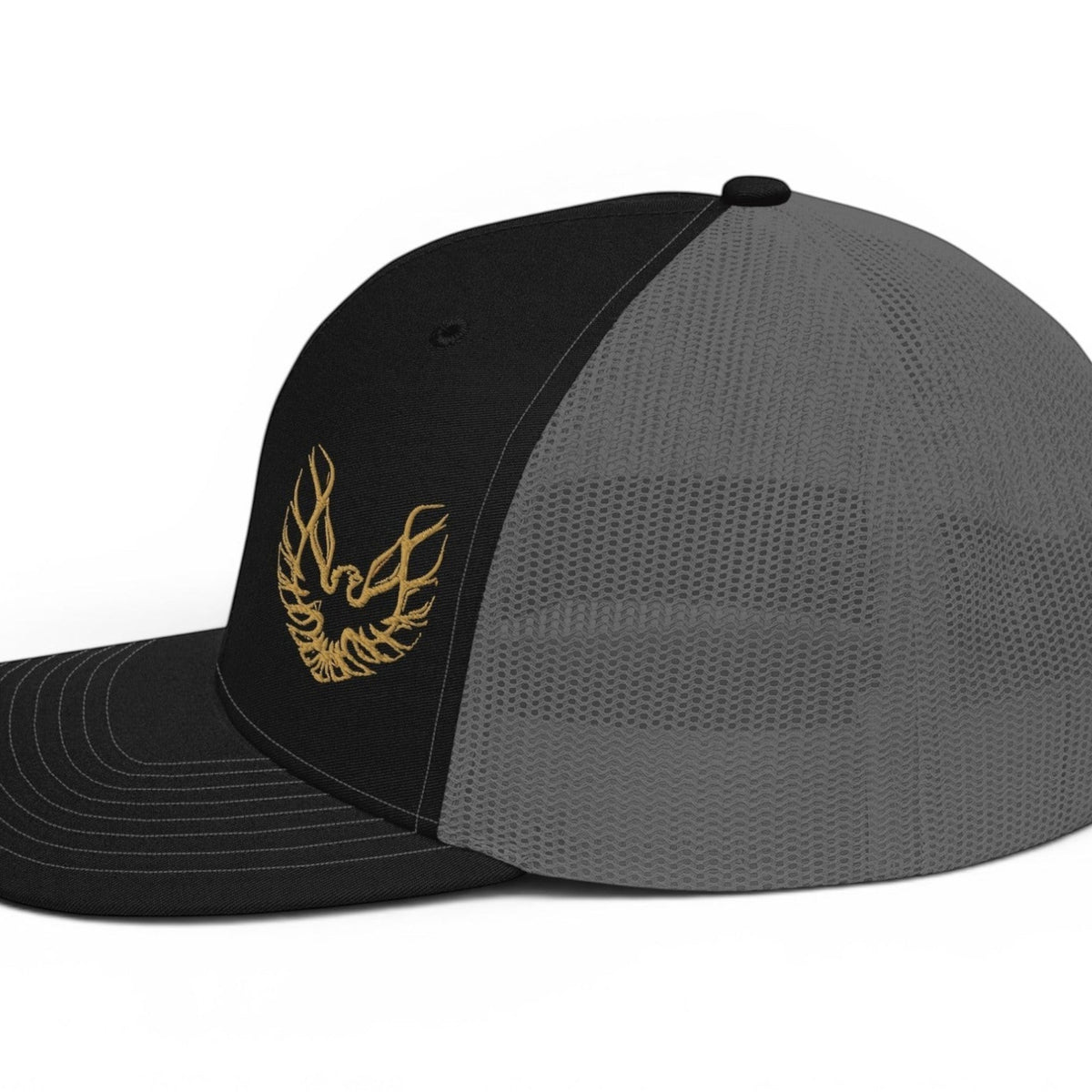 T-Top Vibes Pontiac Trans Am hat in black and grey with gold embroidered phoenix logo and mesh back