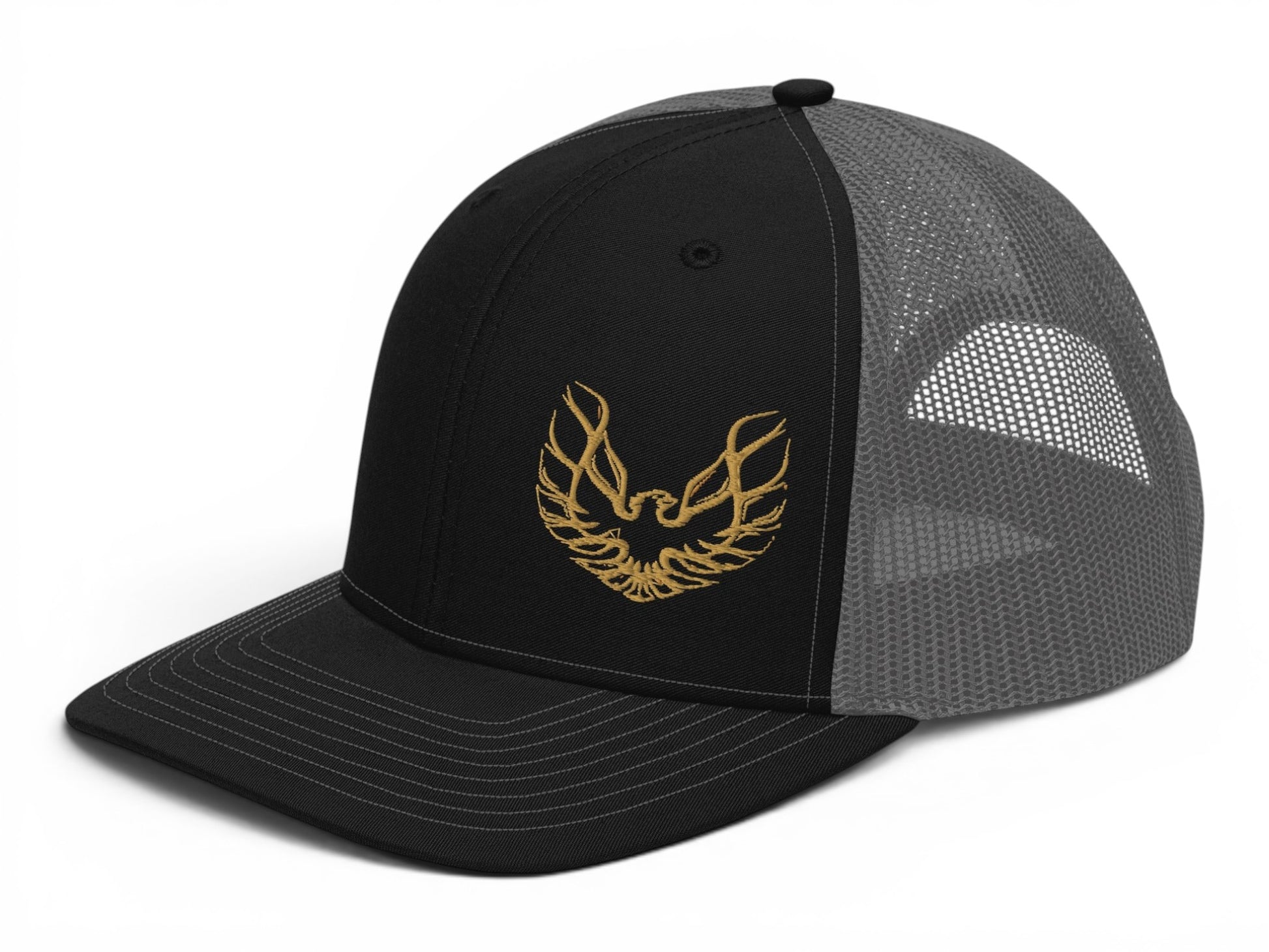 T-Top Vibes Pontiac Trans Am hat with black front, grey mesh back, and gold embroidered phoenix logo.
