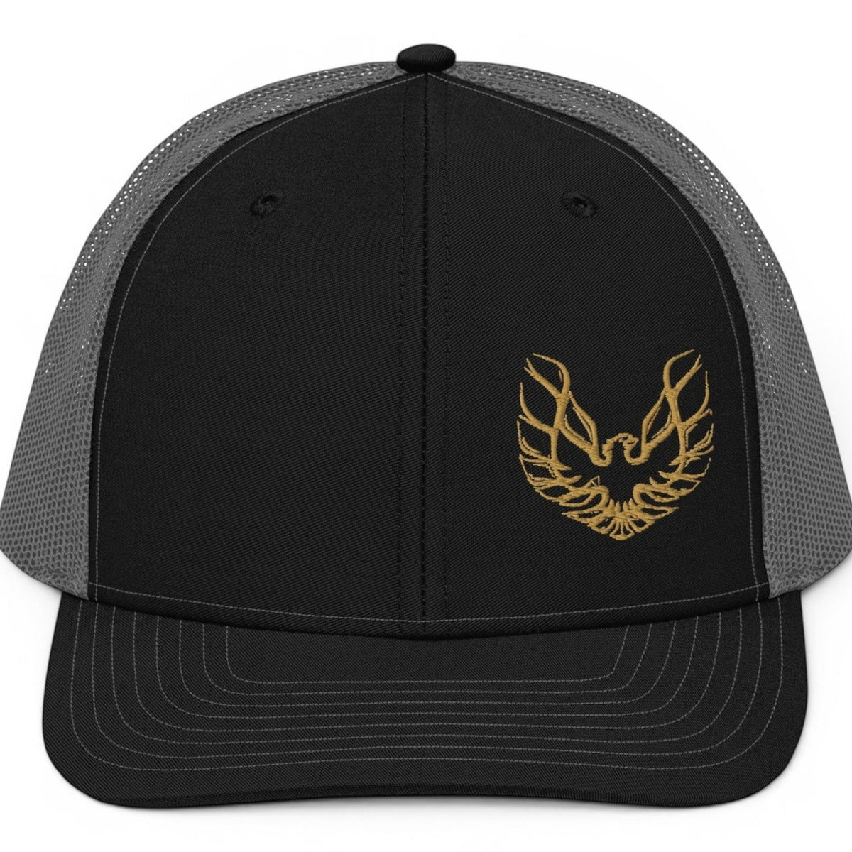 T-Top Vibes Pontiac Trans Am hat featuring a black front panel, grey mesh back, and gold embroidered phoenix logo.